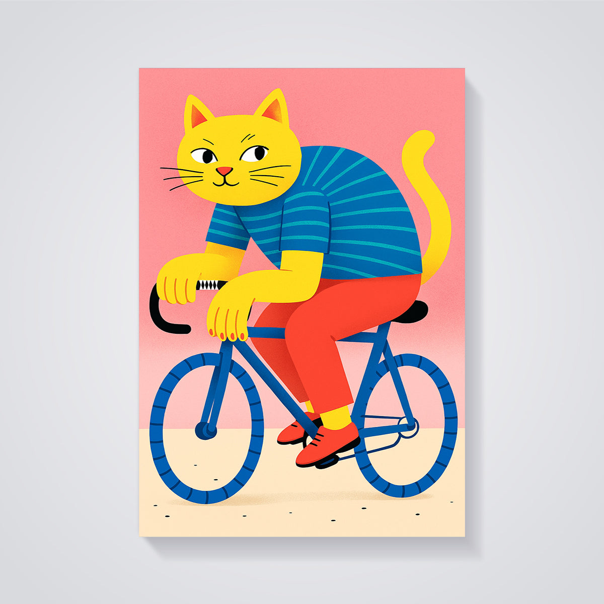 Yellow Cat on Bicycle Print unframed on a grey background
