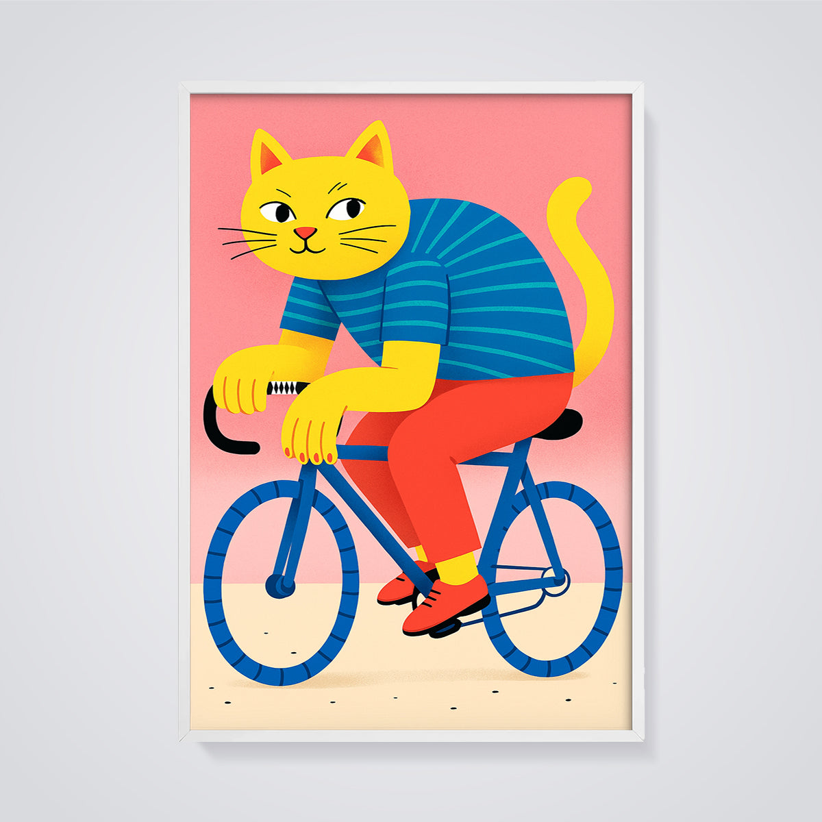 Yellow Cat on Bicycle Print framed in white on a grey background