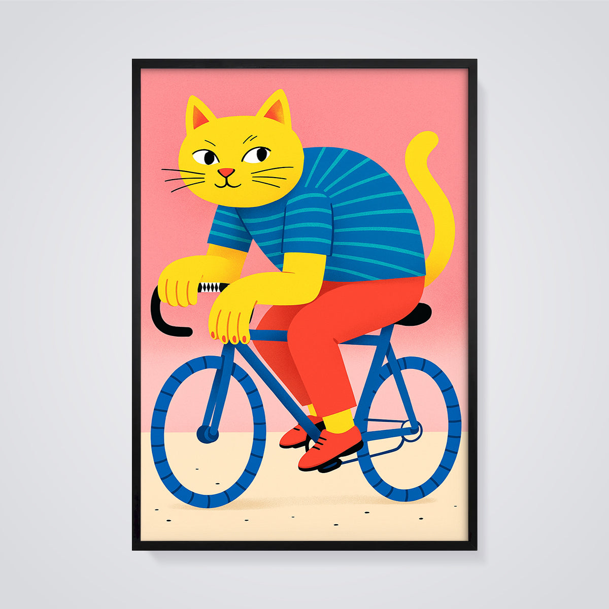 Yellow Cat on Bicycle Print framed in black on a grey background