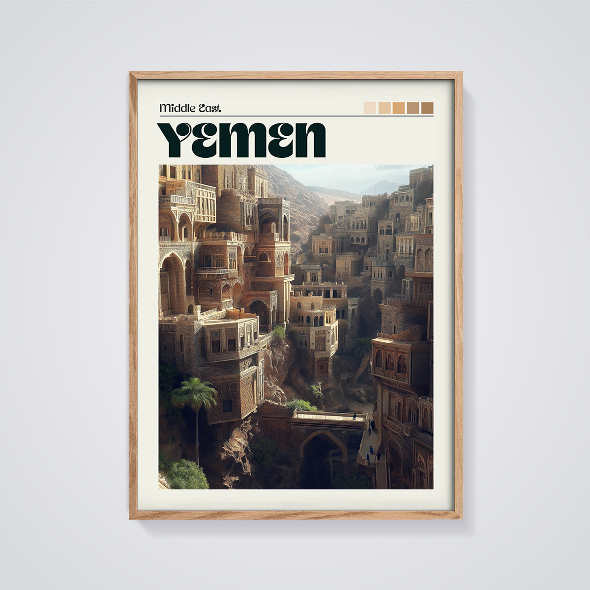 Yemen Cliff City Print framed in oak on a grey background