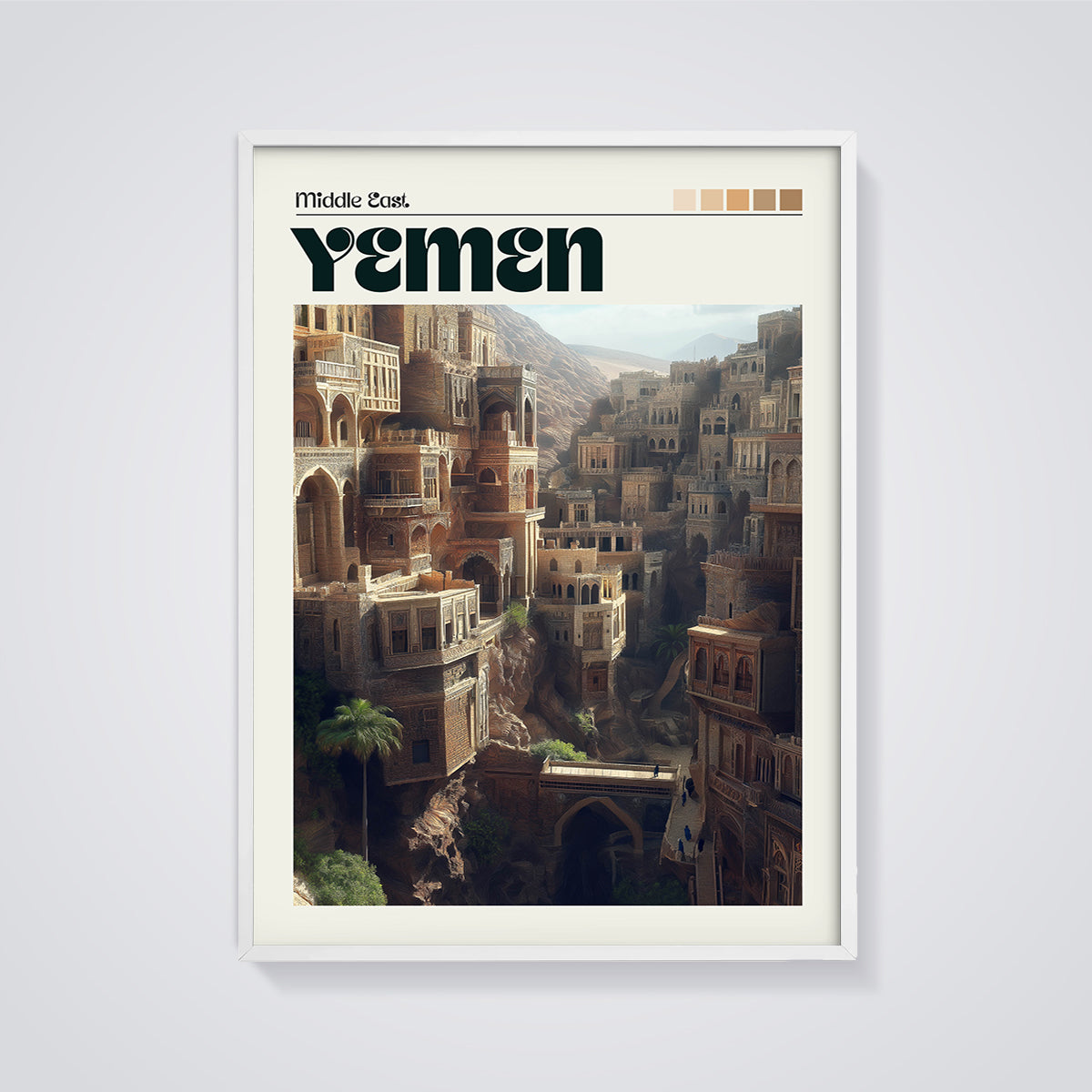 Yemen Cliff City Print framed in white on a grey background