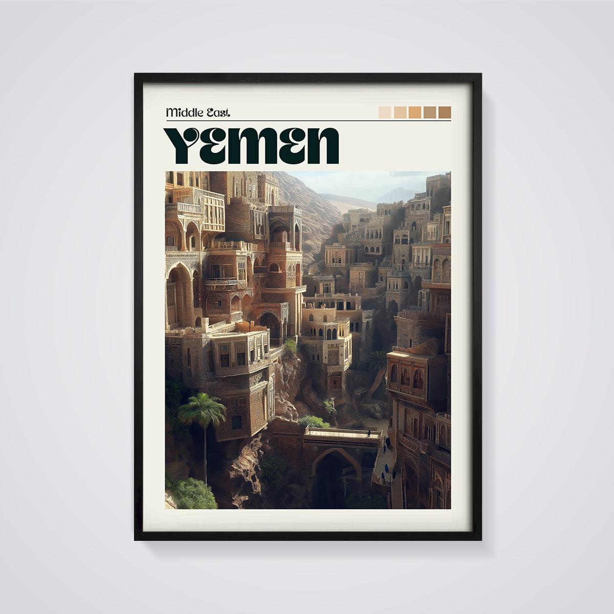 Yemen Cliff City Print framed in black on a grey background