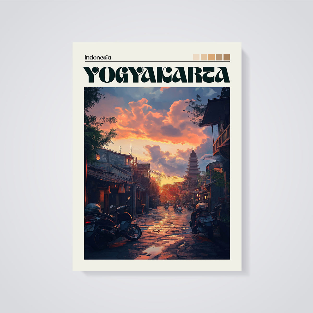 Yogyakarta Street Sunset Print unframed on a grey background