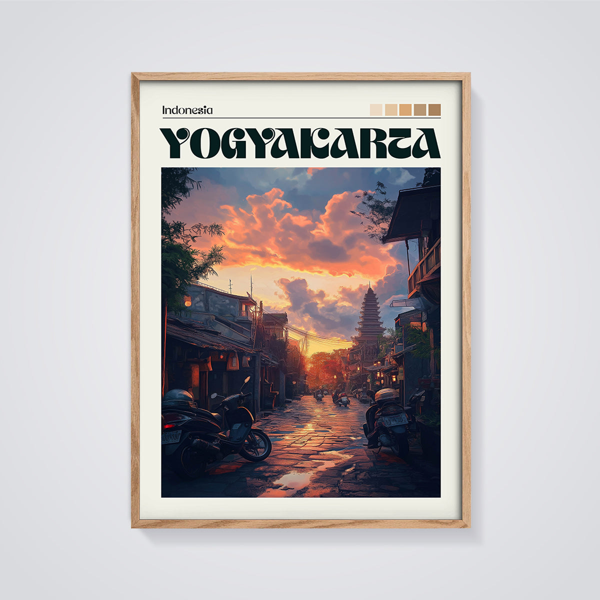 Yogyakarta Street Sunset Print framed in oak on a grey background