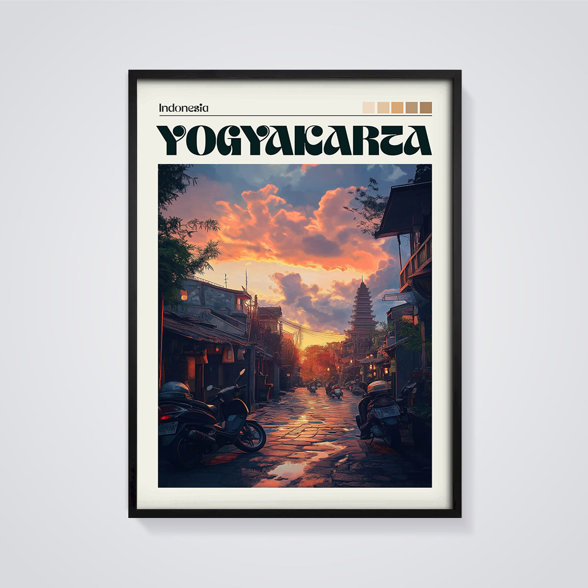 Yogyakarta Street Sunset Print framed in black on a grey background