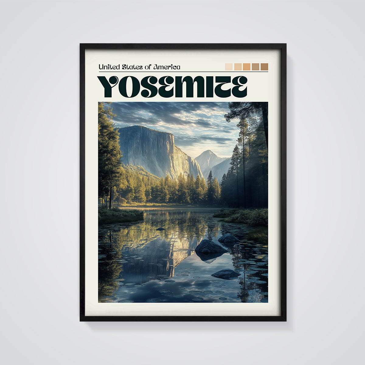 Yosemite Valley Reflection Print framed in black on a grey background