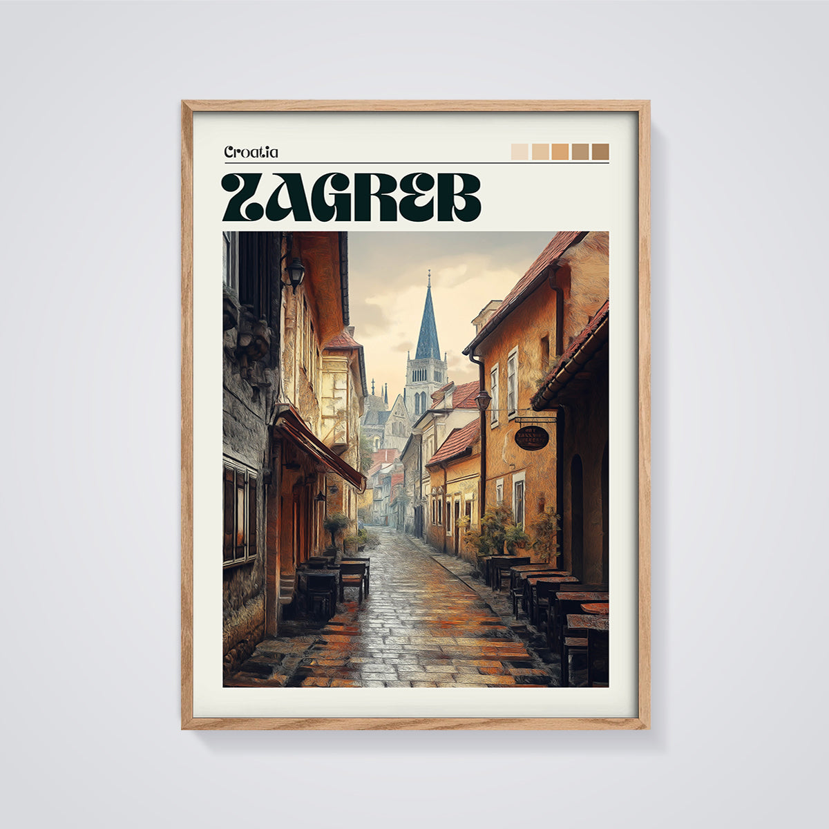 Zagreb Old Town Street Print framed in oak on a grey background