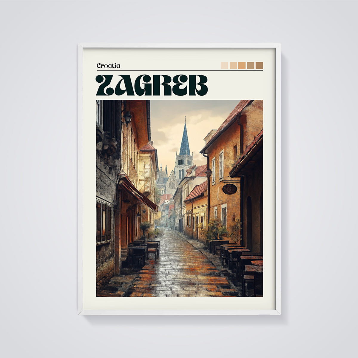 Zagreb Old Town Street Print framed in white on a grey background