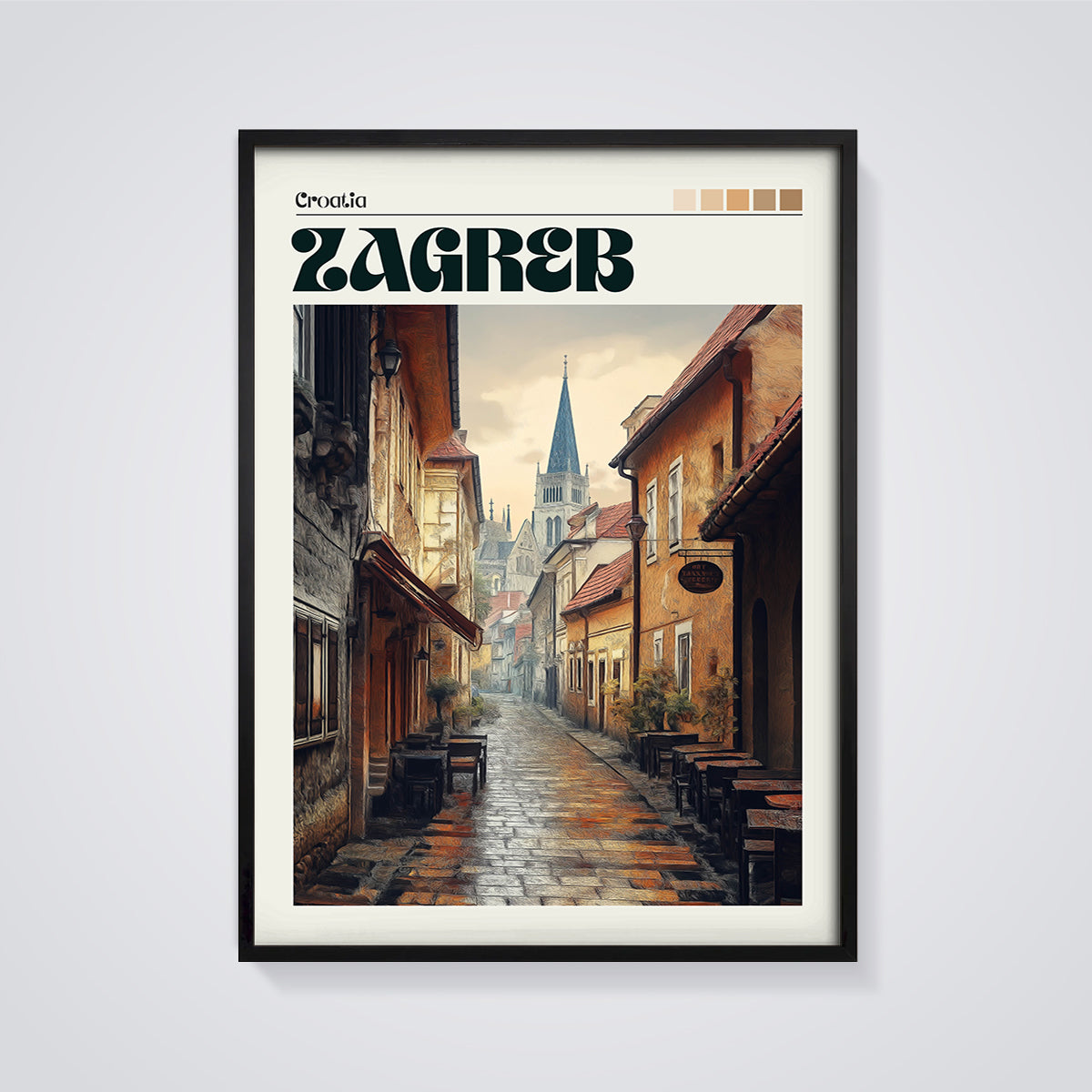 Zagreb Old Town Street Print framed in black on a grey background