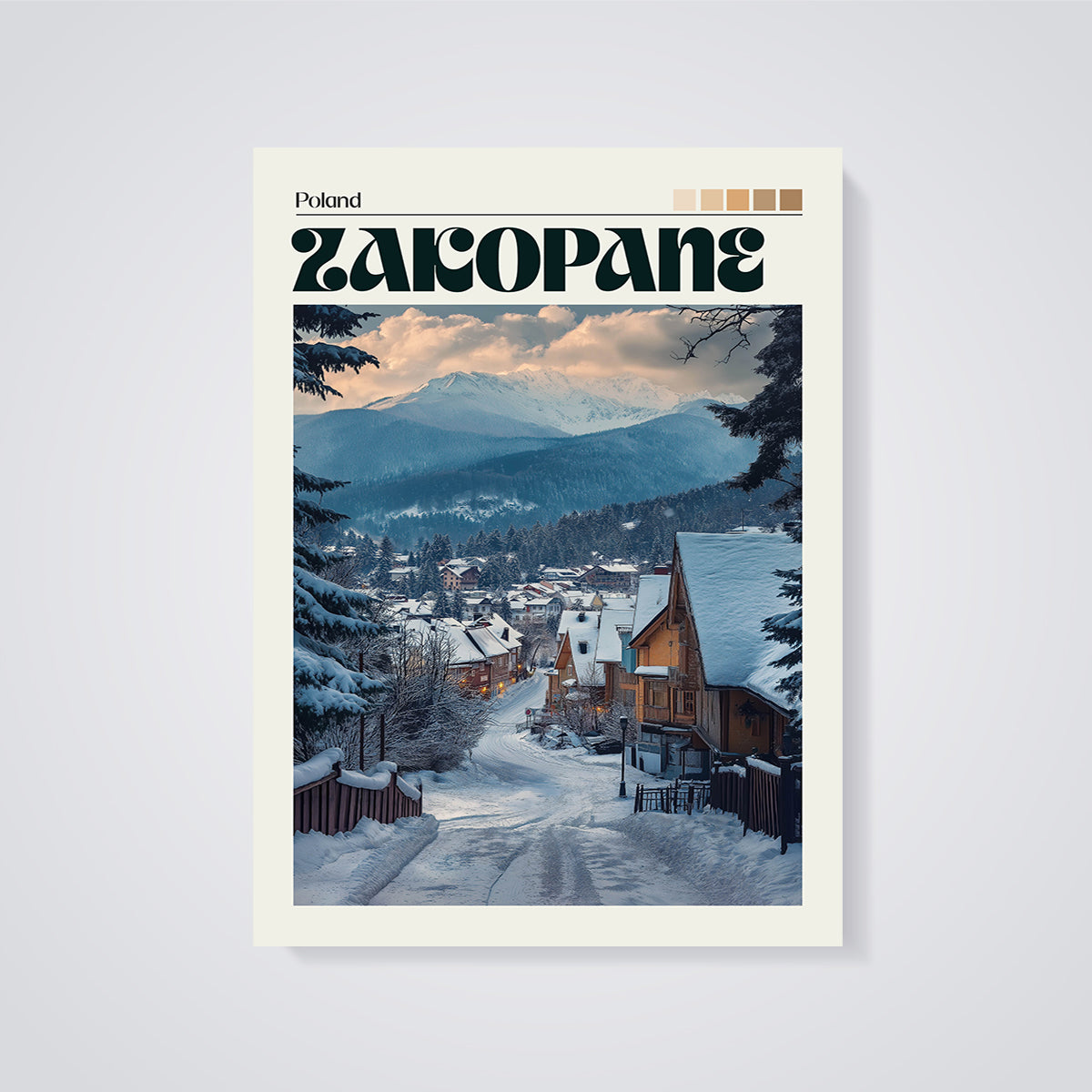 Zakopane Winter Village Print unframed on a grey background