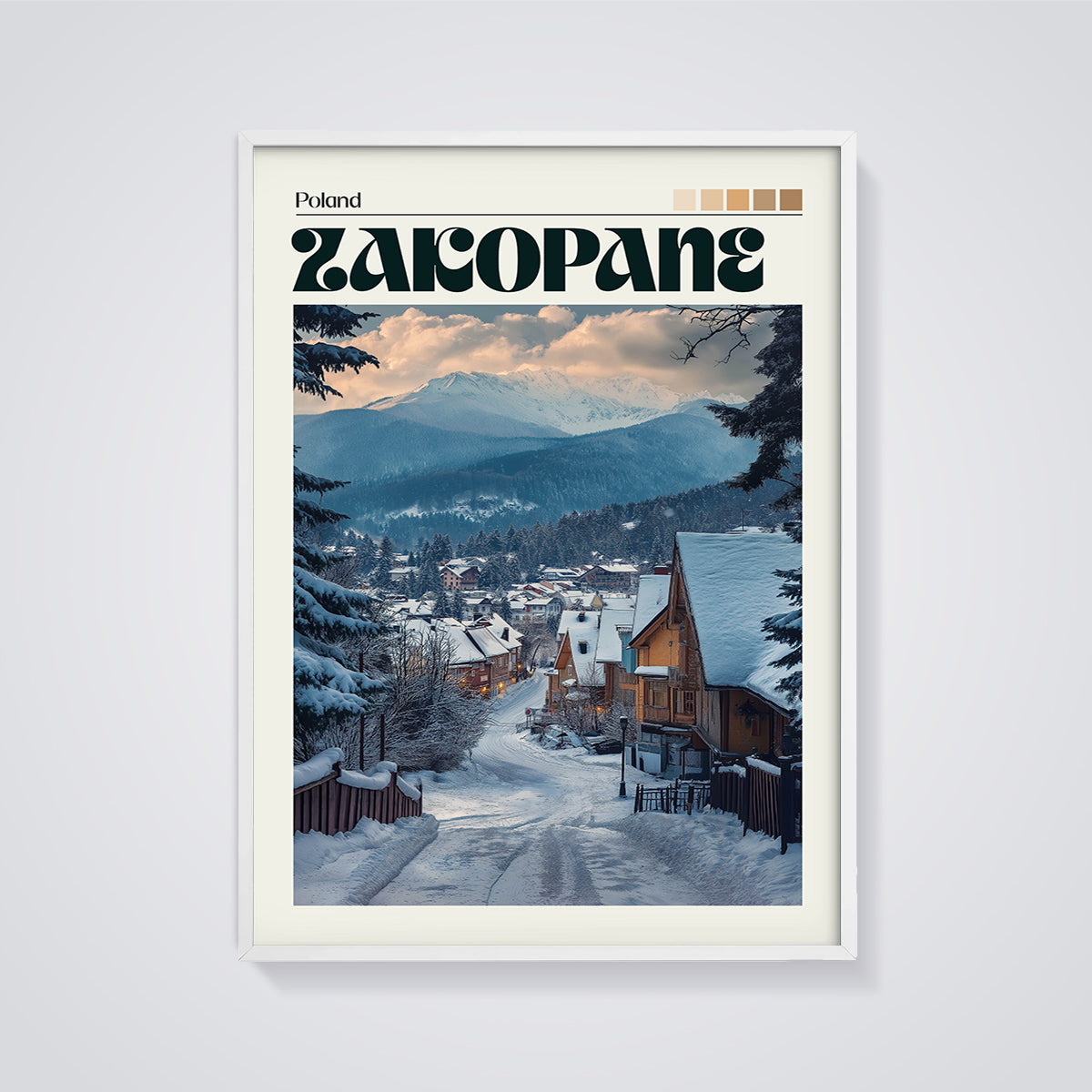 Zakopane Winter Village Print framed in white on a grey background