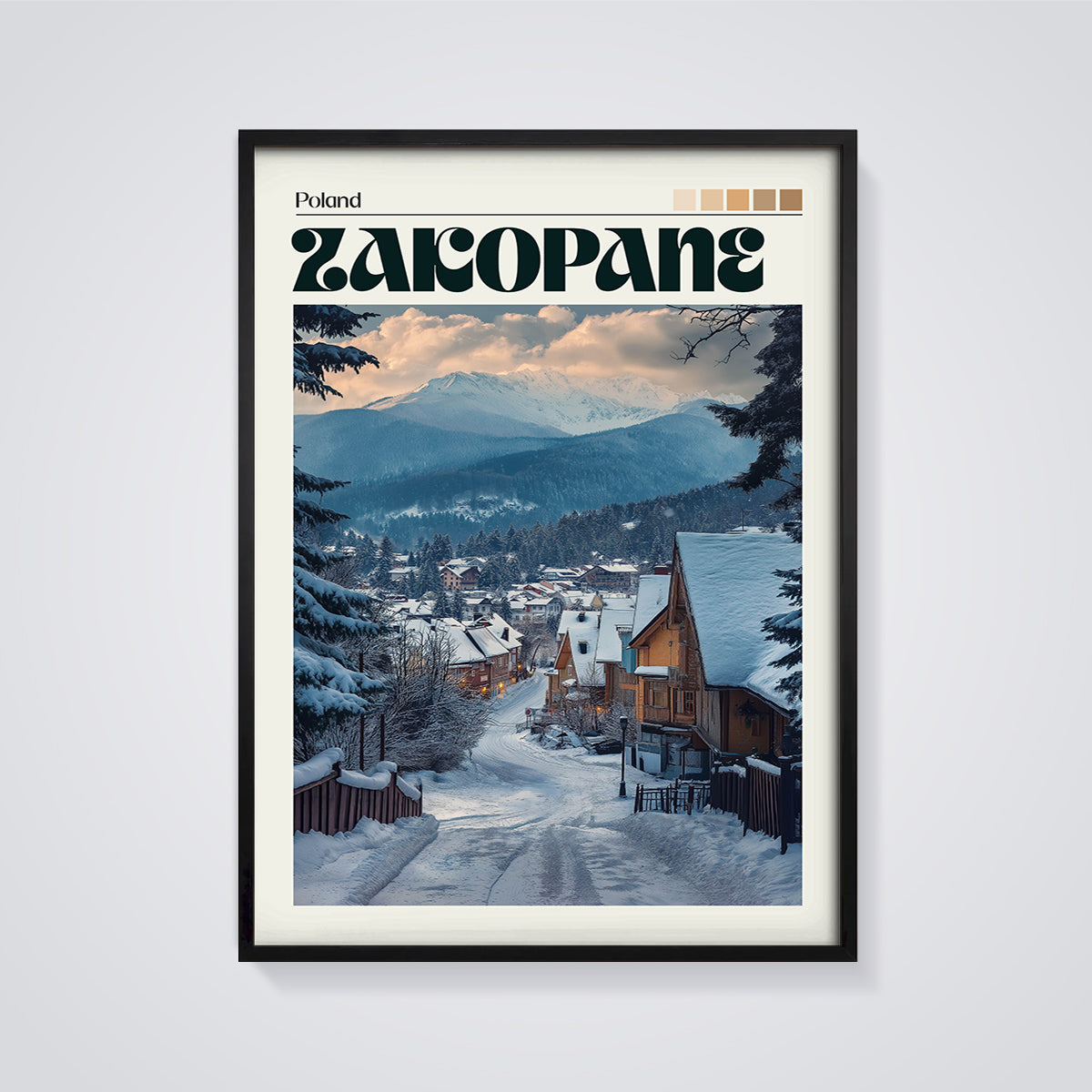 Zakopane Winter Village Print framed in black on a grey background