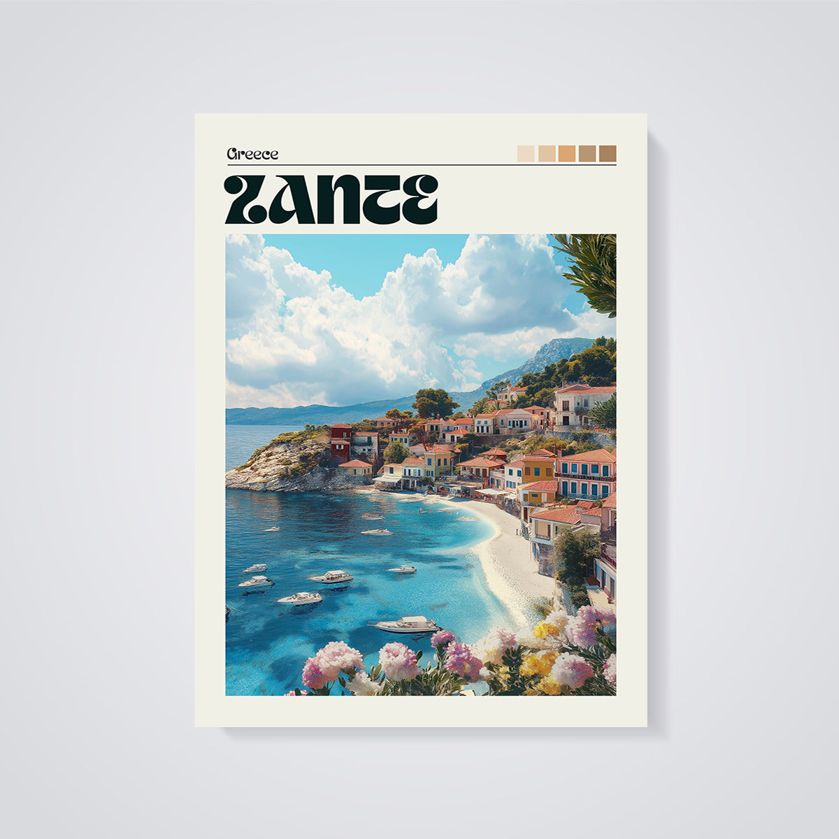 Zante Coastal Village Print unframed on a grey background