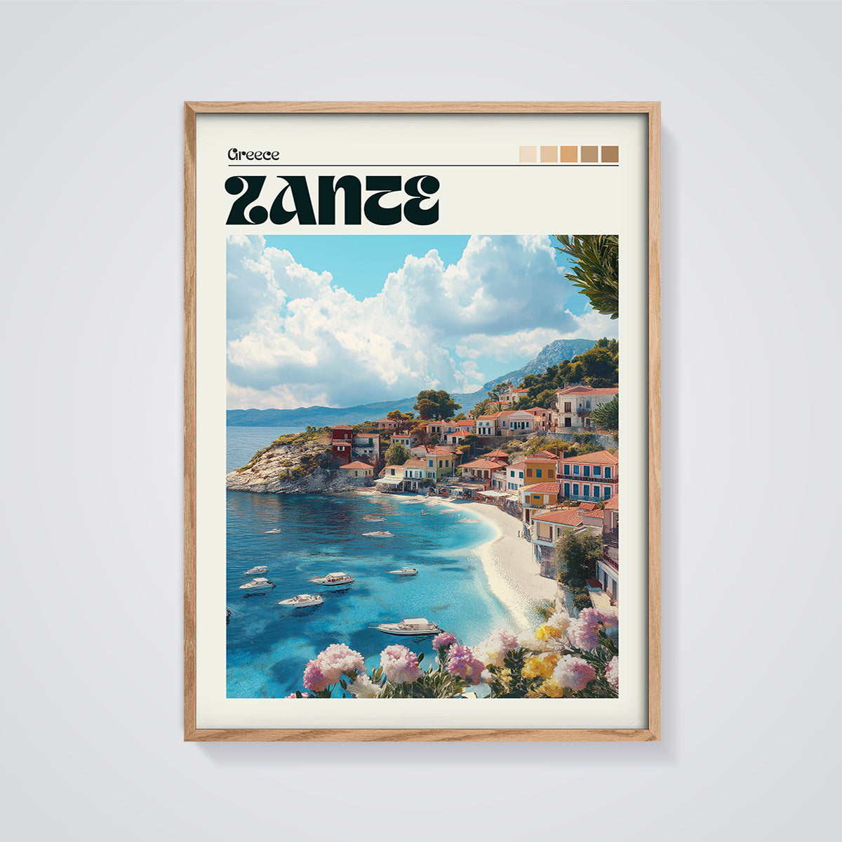 Zante Coastal Village Print framed in oak on a grey background