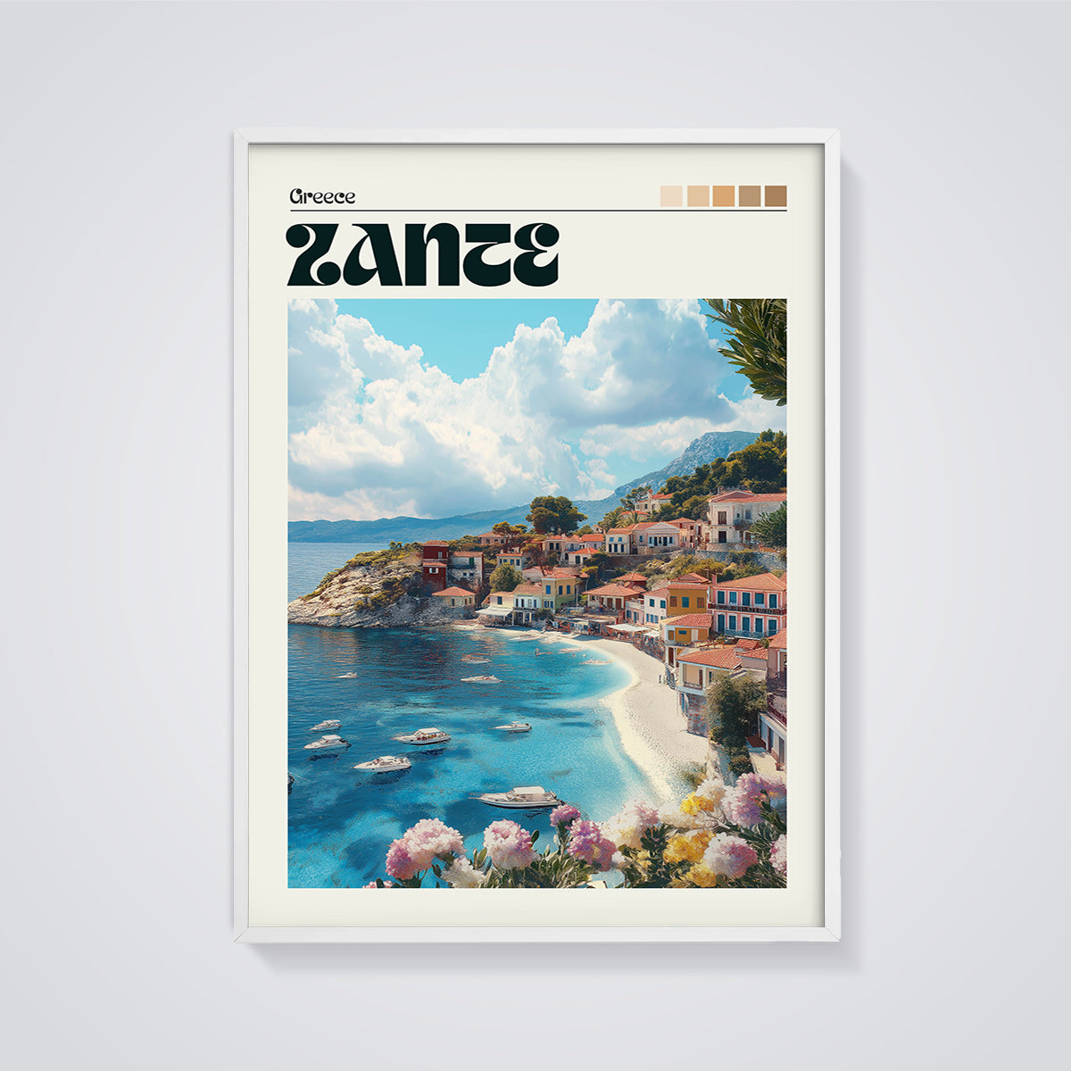 Zante Coastal Village Print framed in white on a grey background