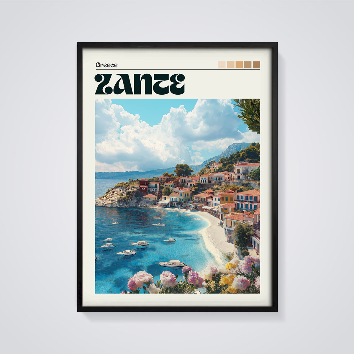 Zante Coastal Village Print framed in black on a grey background