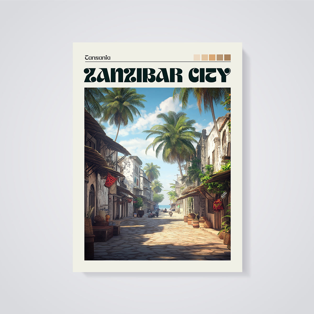 Zanzibar City Coastal Street Print unframed on a grey background