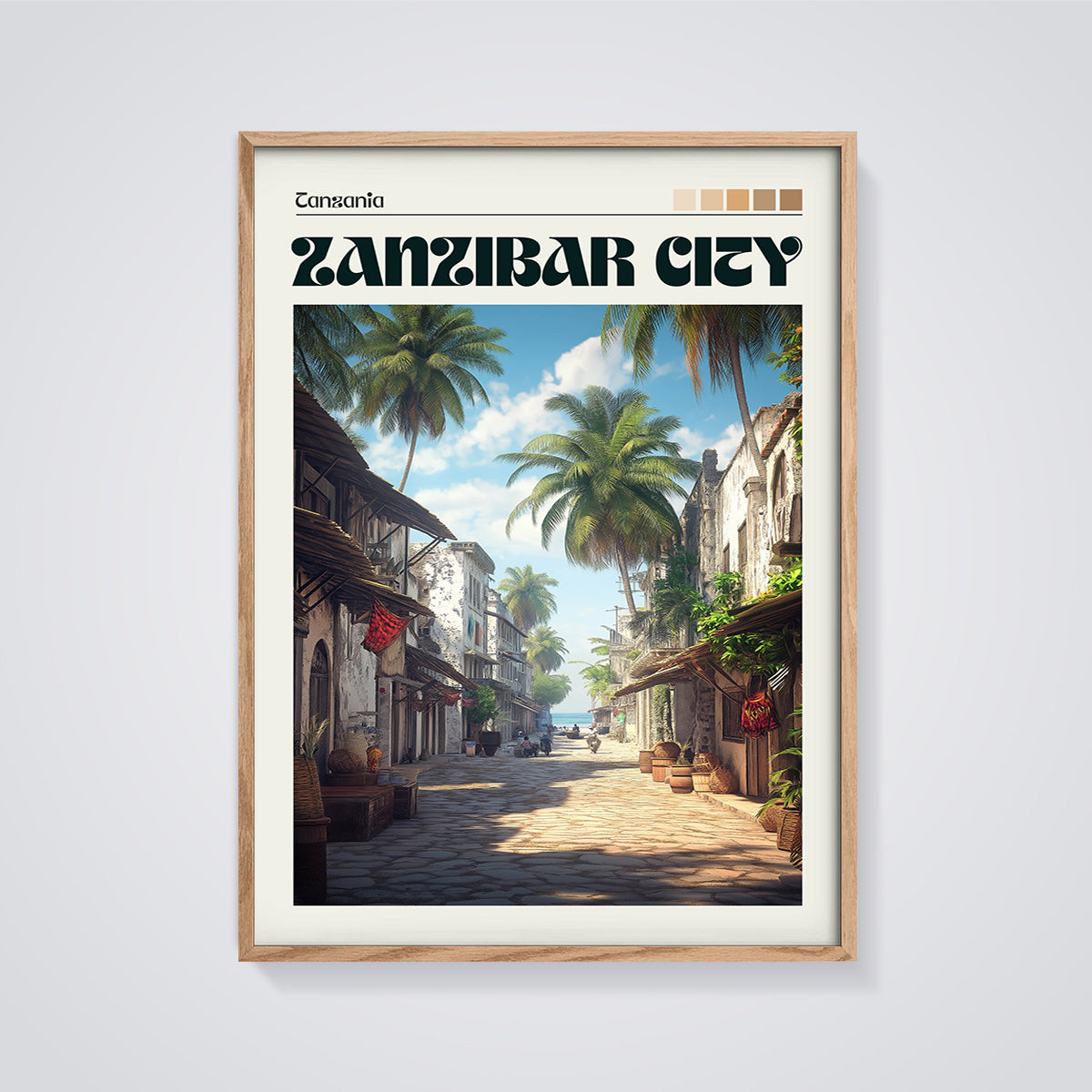 Zanzibar City Coastal Street Print framed in oak on a grey background
