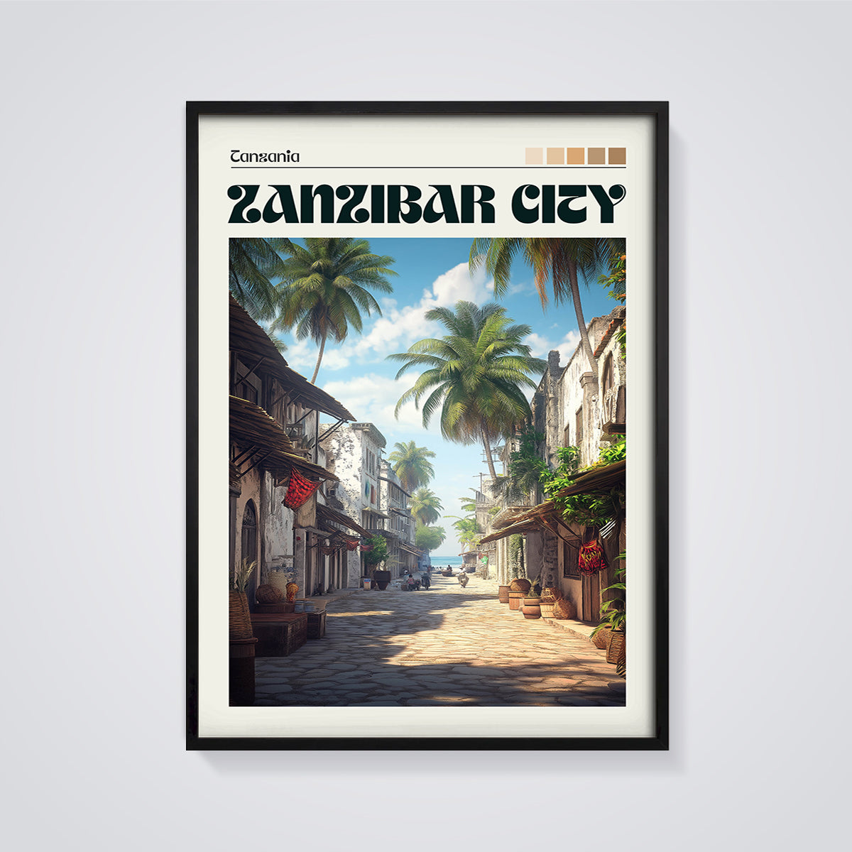 Zanzibar City Coastal Street Print framed in black on a grey background