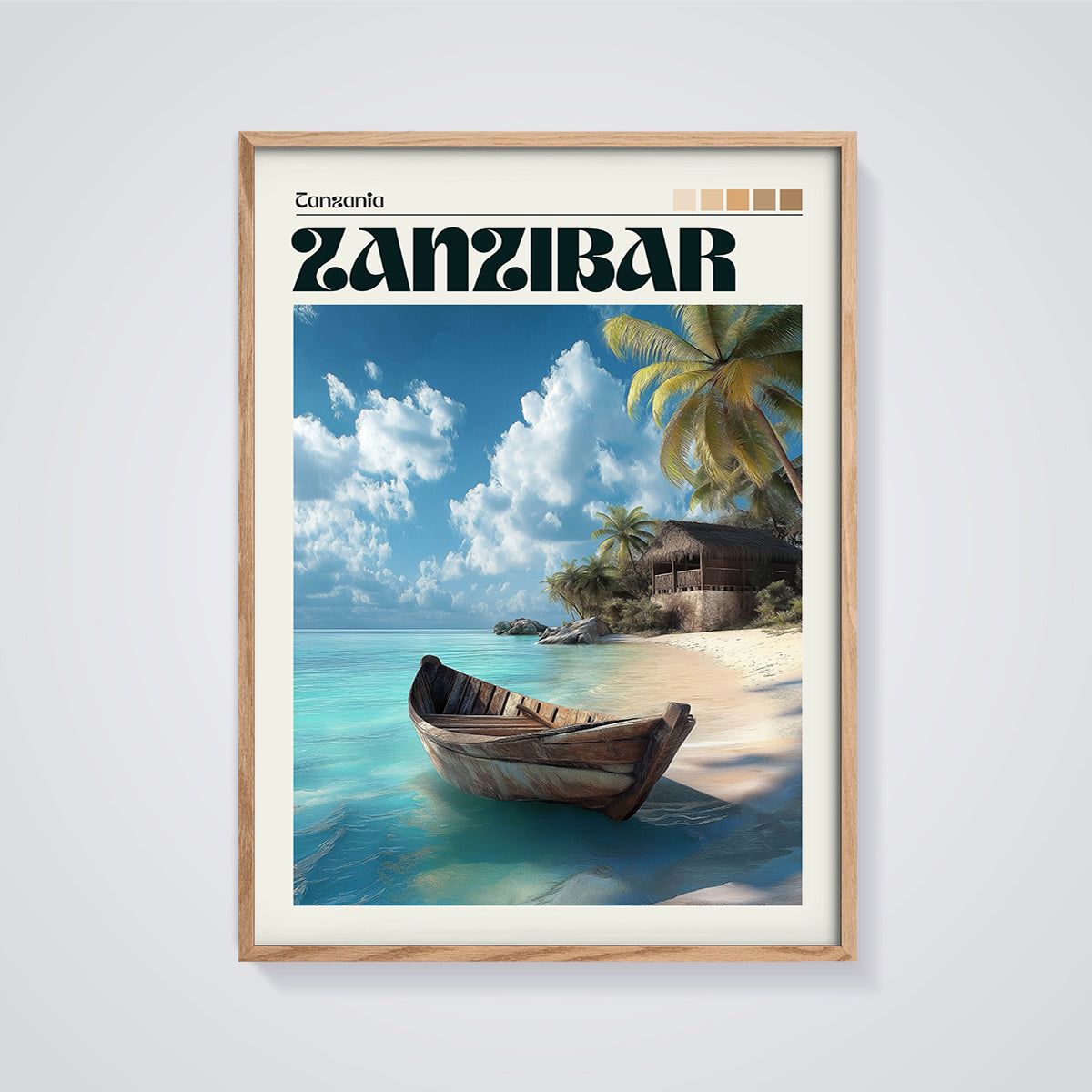 Zanzibar Dhow Beach Print framed in oak on a grey background