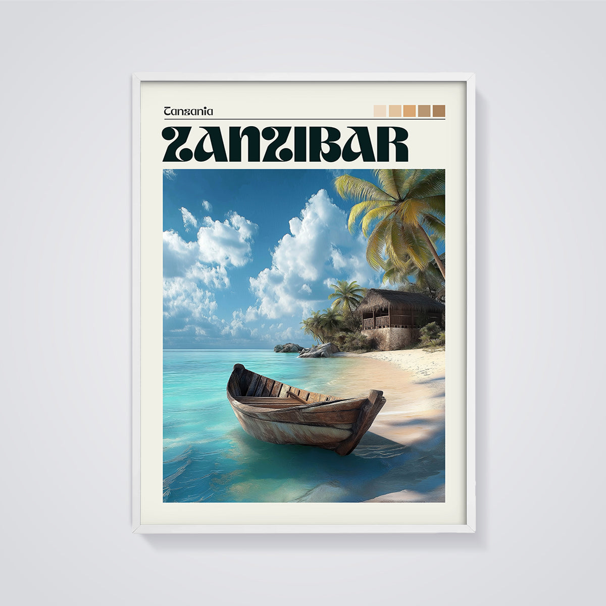 Zanzibar Dhow Beach Print framed in white on a grey background