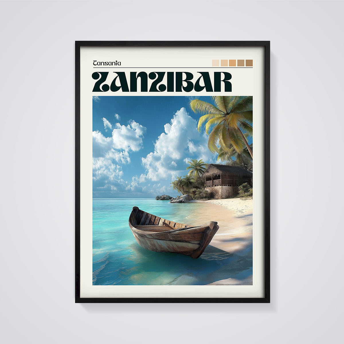 Zanzibar Dhow Beach Print framed in black on a grey background