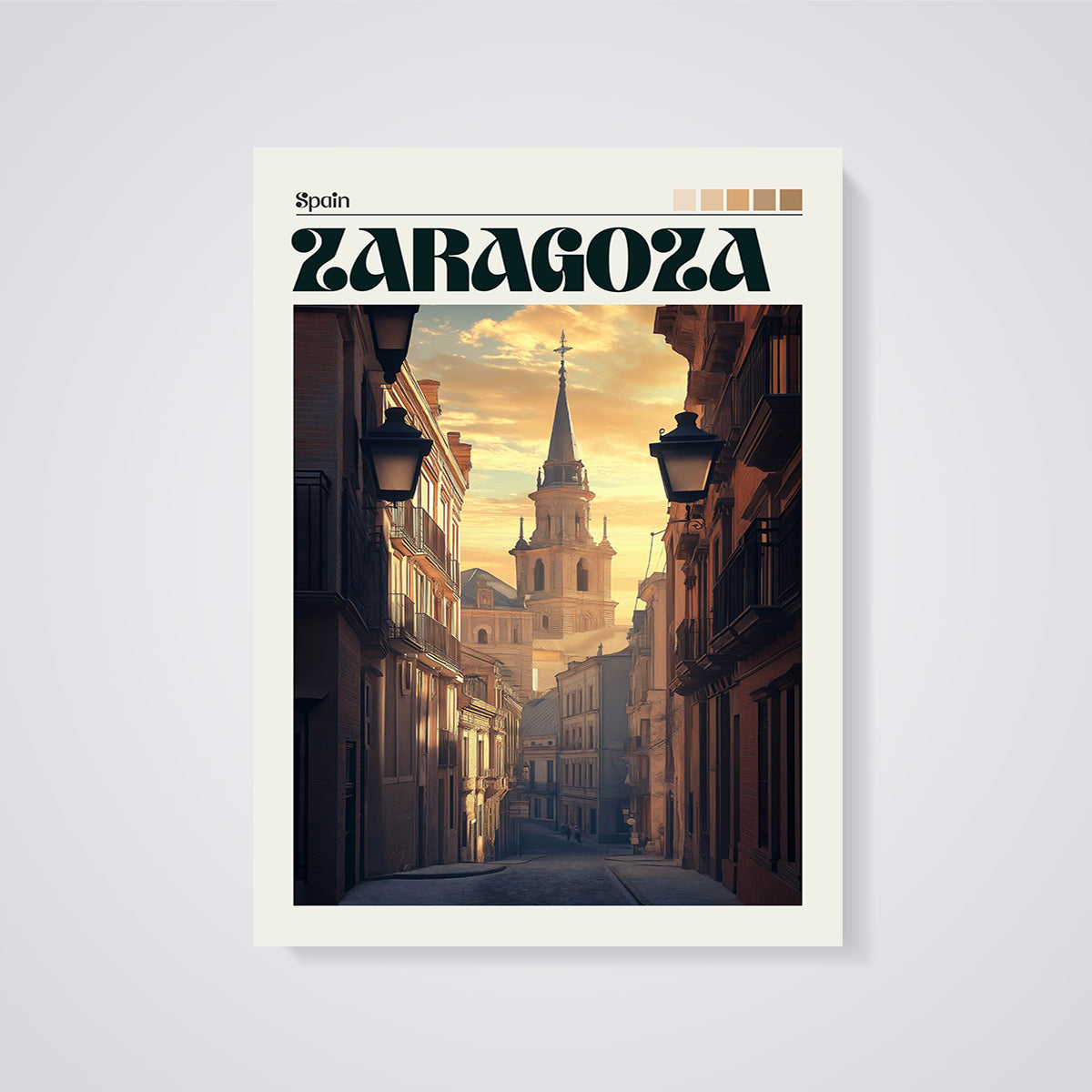 Zaragoza Golden Hour Street Print unframed on a grey background