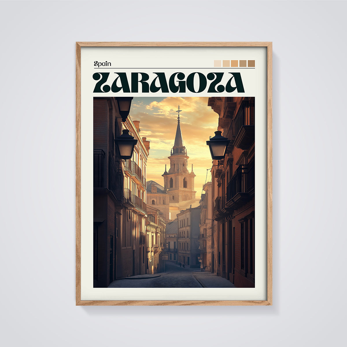 Zaragoza Golden Hour Street Print framed in oak on a grey background
