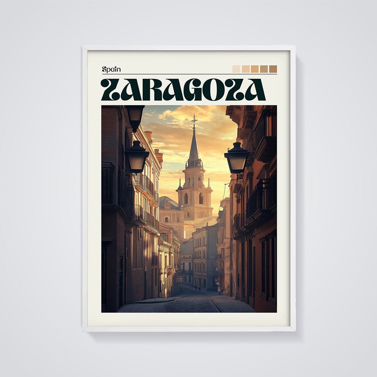 Zaragoza Golden Hour Street Print framed in white on a grey background