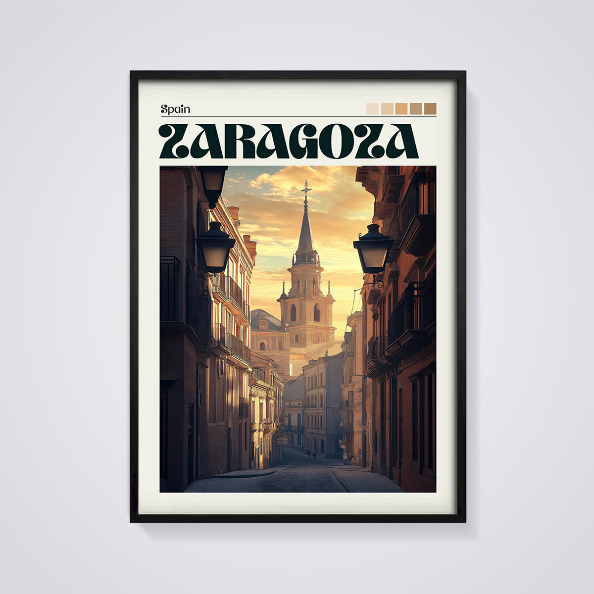 Zaragoza Golden Hour Street Print framed in black on a grey background
