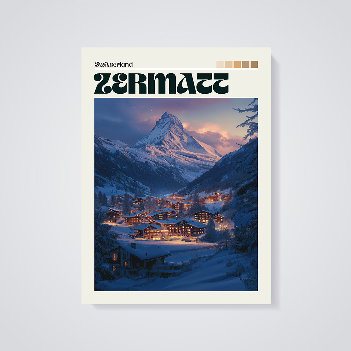 Zermatt Matterhorn Winter Village Print unframed on a grey background