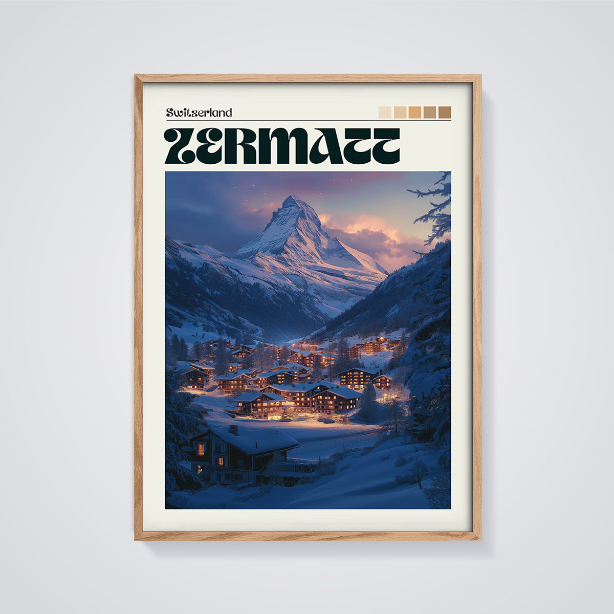 Zermatt Matterhorn Winter Village Print framed in oak on a grey background