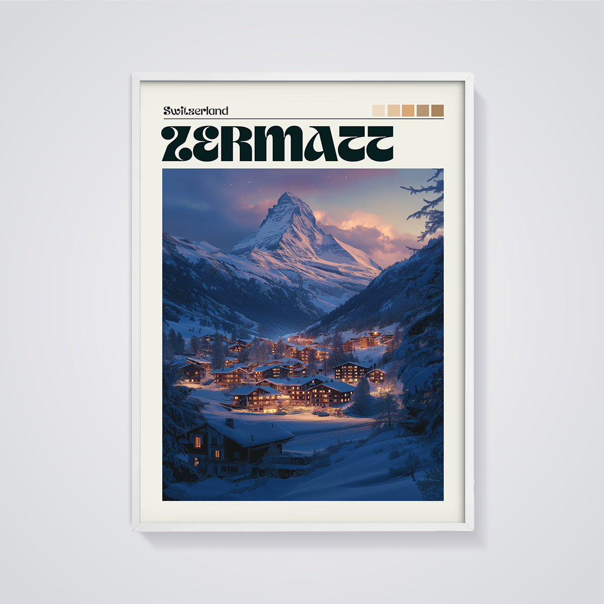 Zermatt Matterhorn Winter Village Print framed in white on a grey background