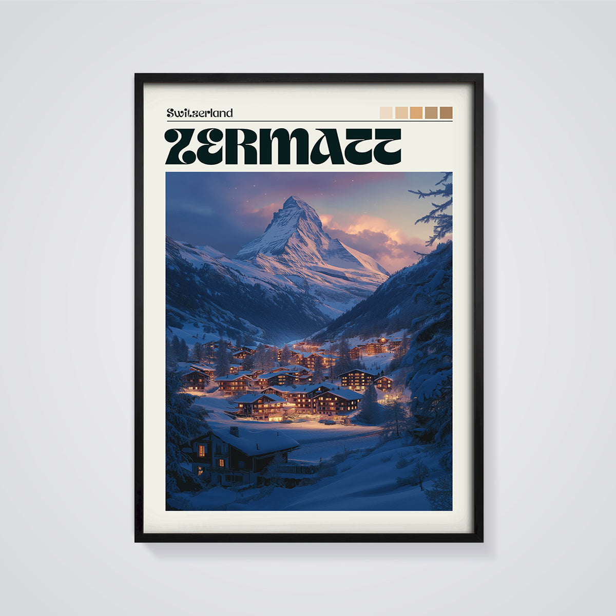 Zermatt Matterhorn Winter Village Print framed in black on a grey background