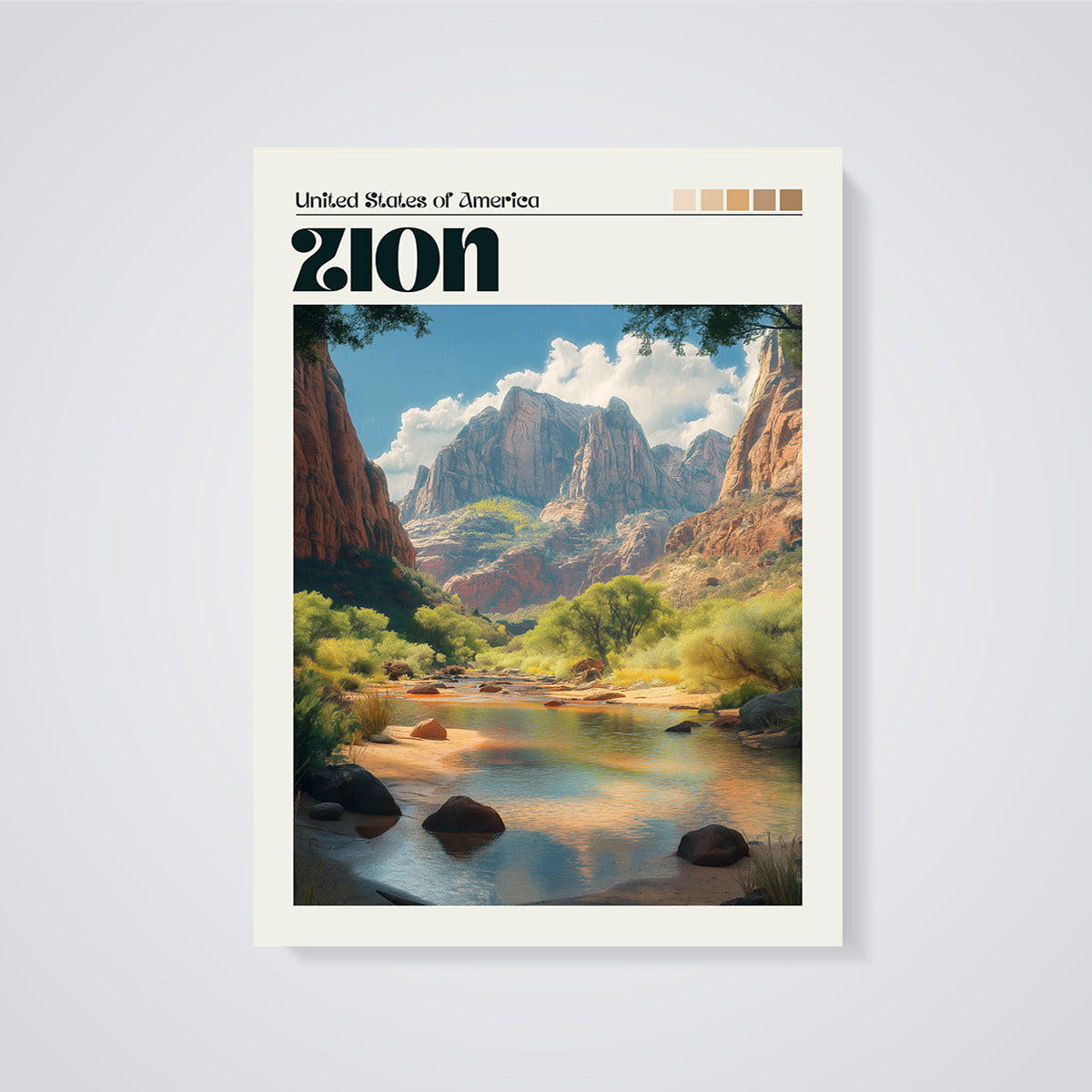 Zion Canyon River Print unframed on a grey background