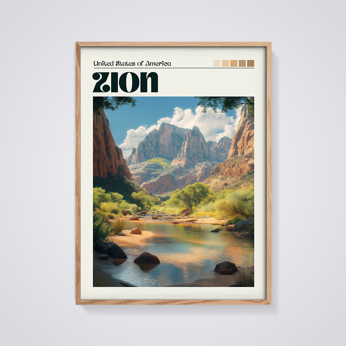 Zion Canyon River Print framed in oak on a grey background