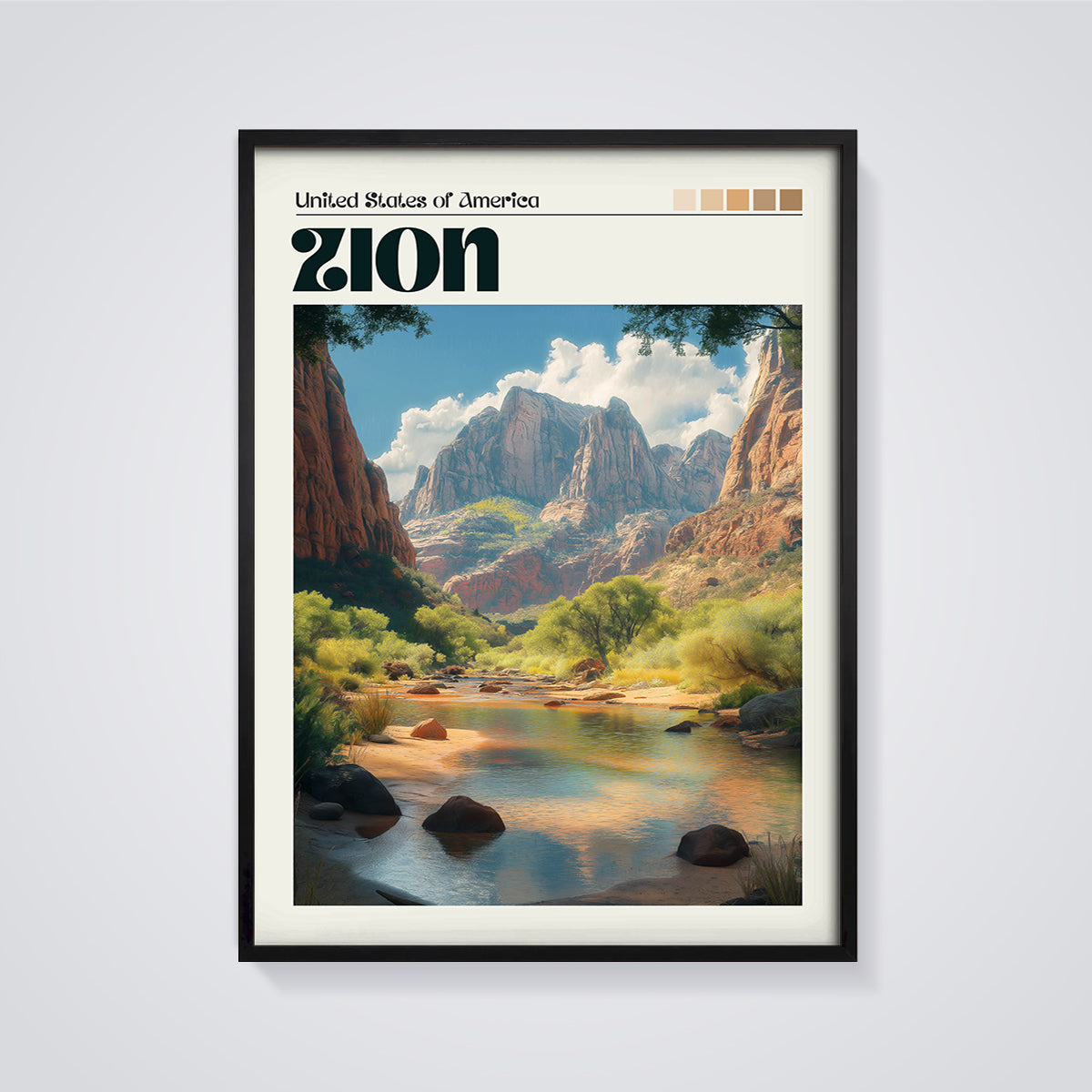 Zion Canyon River Print framed in black on a grey background