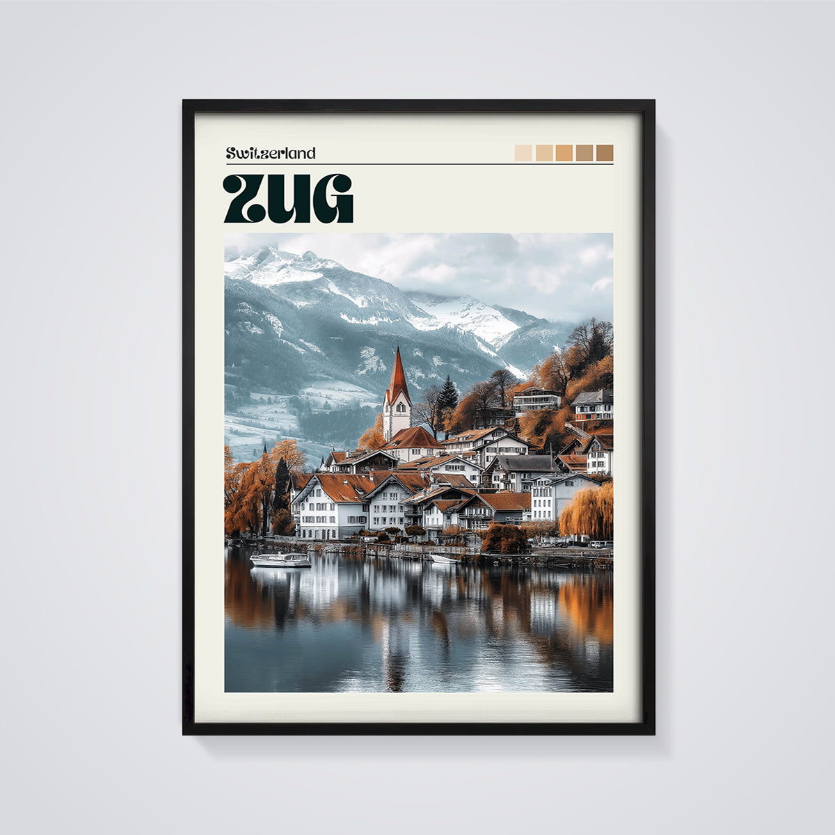 Zug Switzerland Lake & Mountain Print framed in black on a grey background