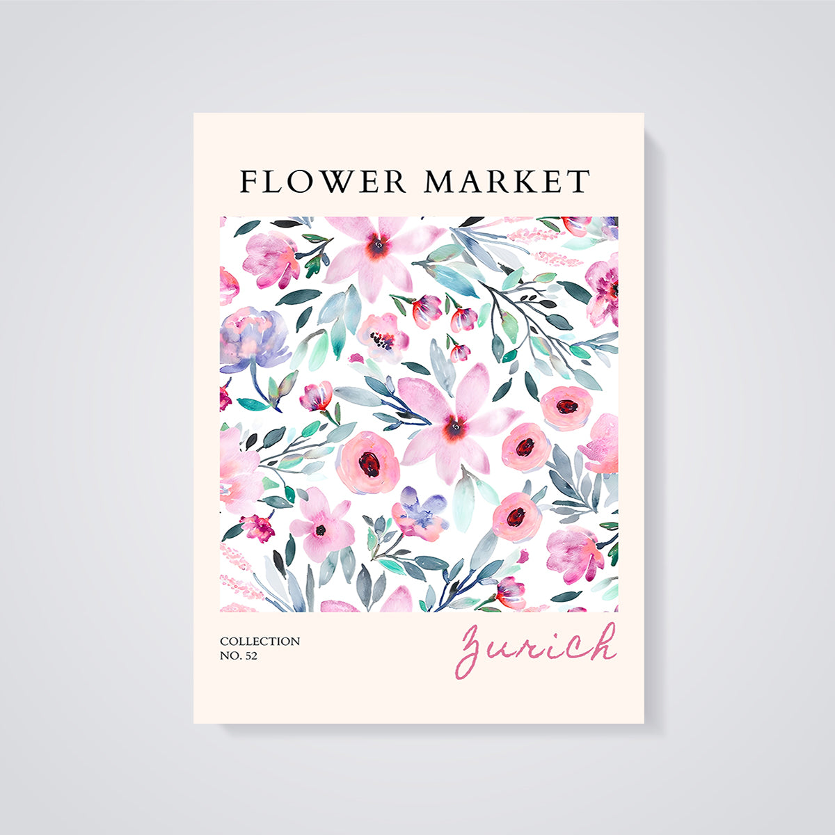 Zurich Flower Market Watercolor Print unframed on a grey background