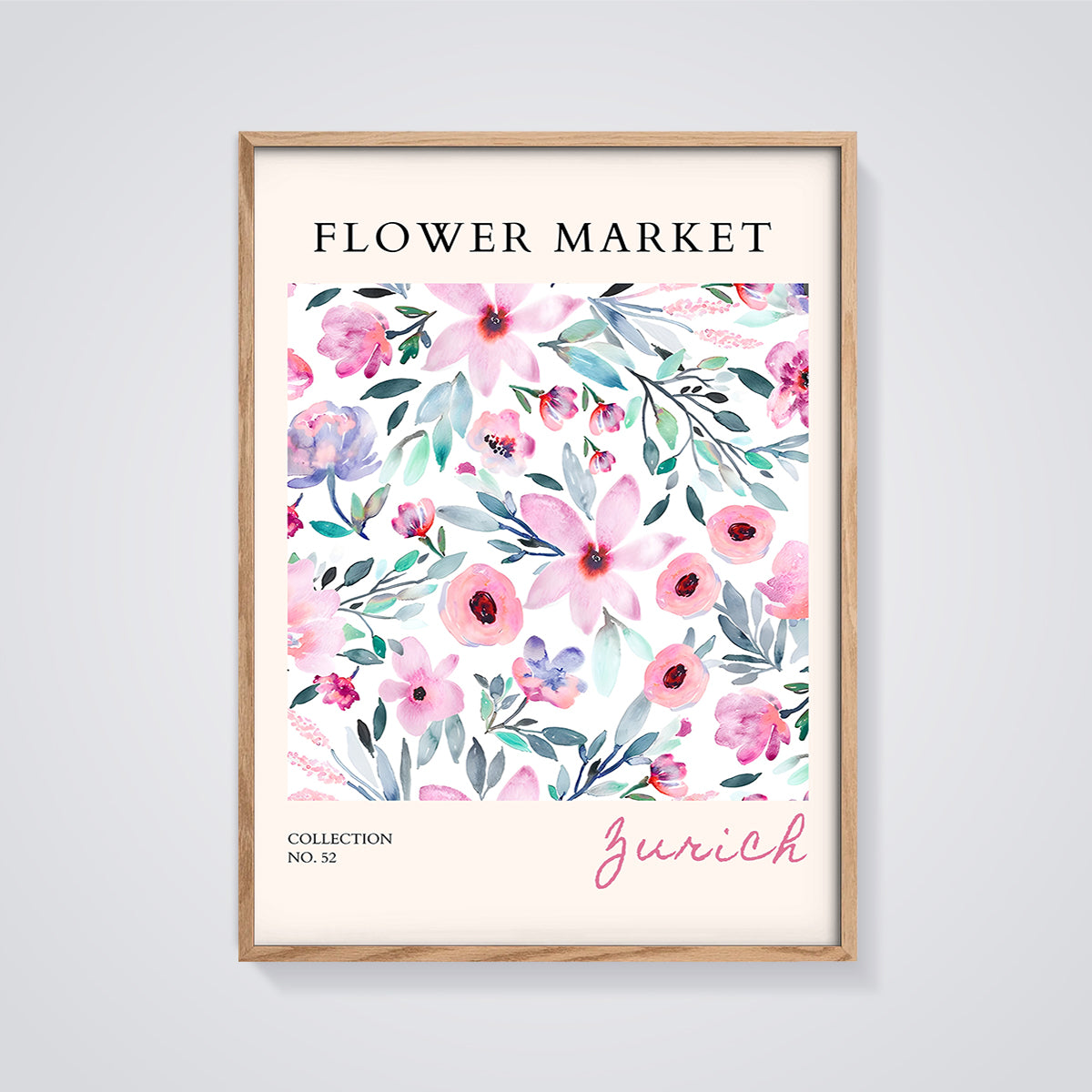 Zurich Flower Market Watercolor Print framed in oak on a grey background