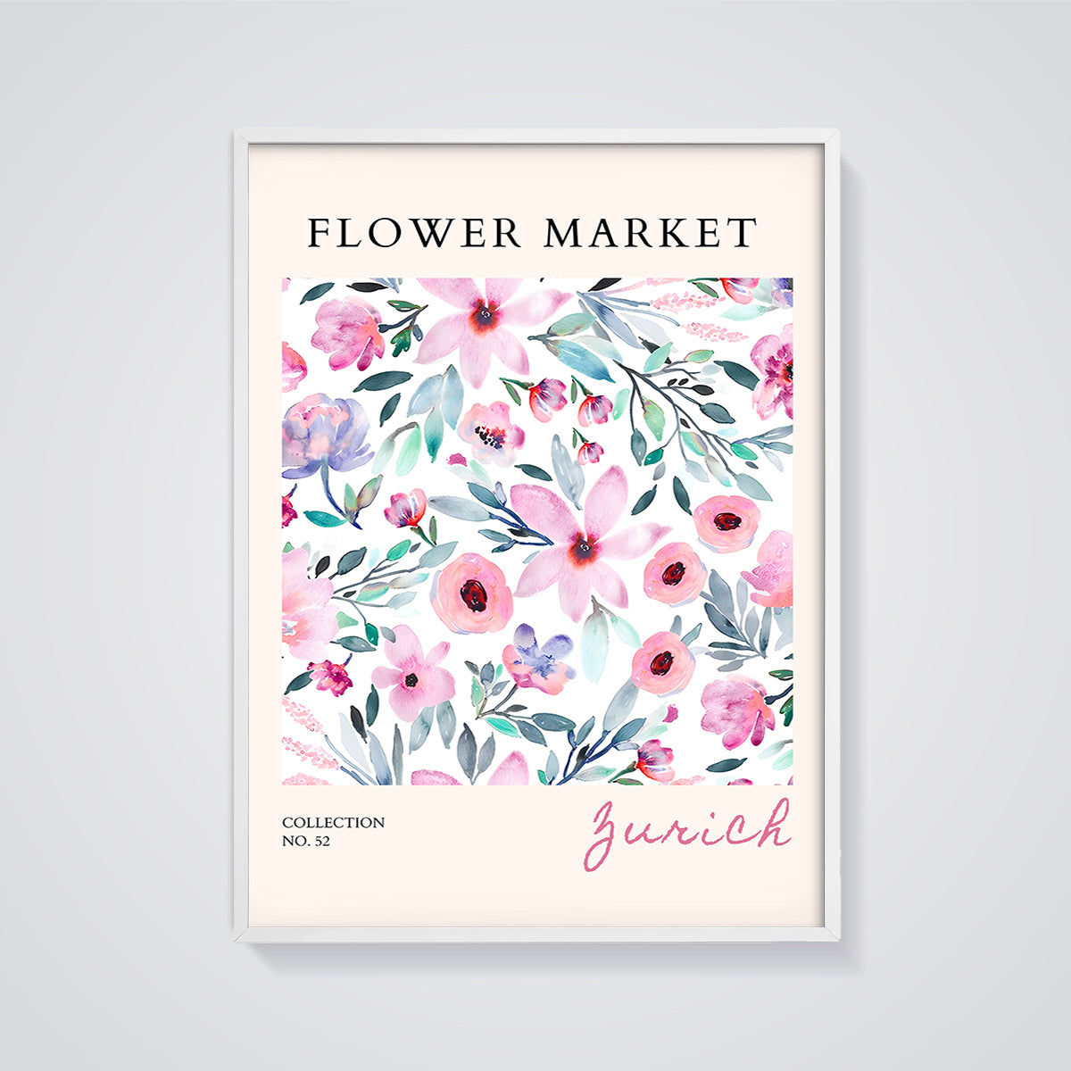Zurich Flower Market Watercolor Print framed in white on a grey background