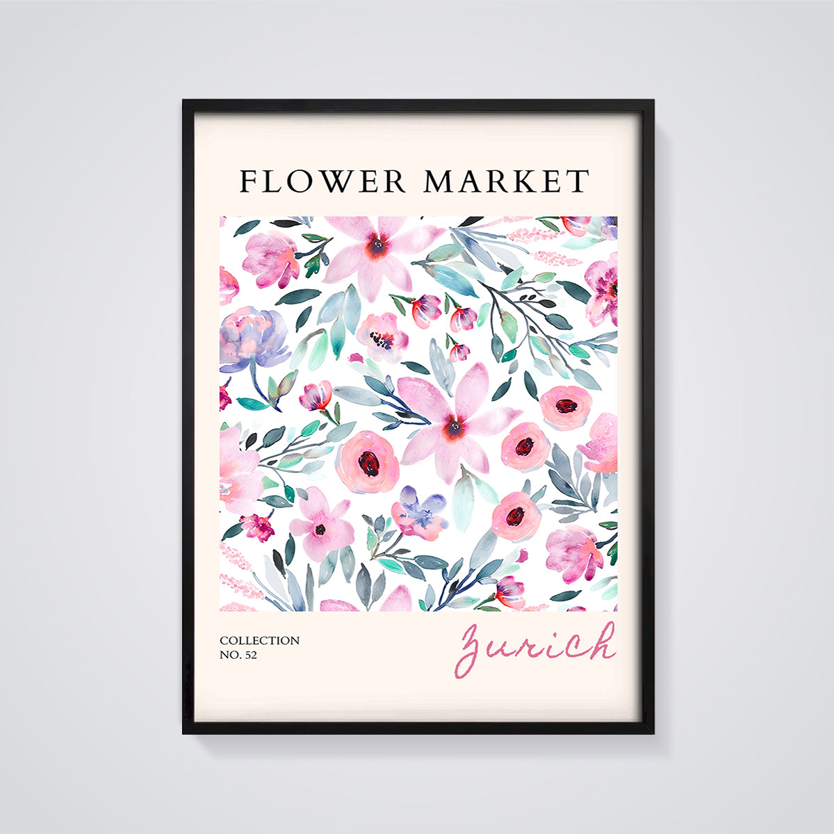 Zurich Flower Market Watercolor Print framed in black on a grey background