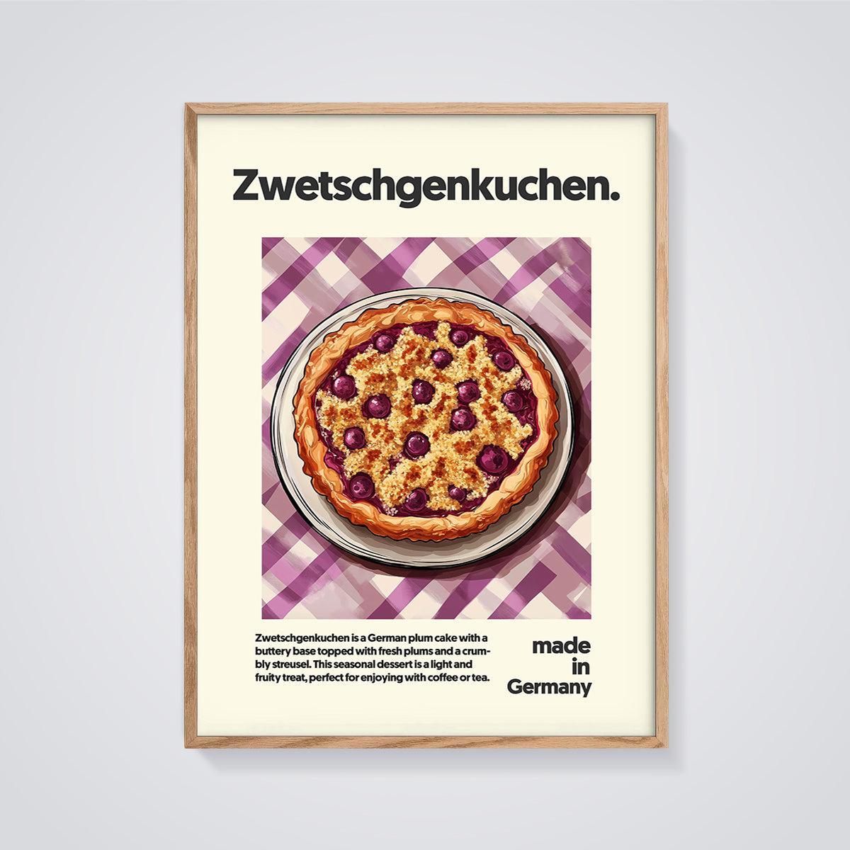 Zwetschgenkuchen Plum Cake Print framed in oak on a grey background