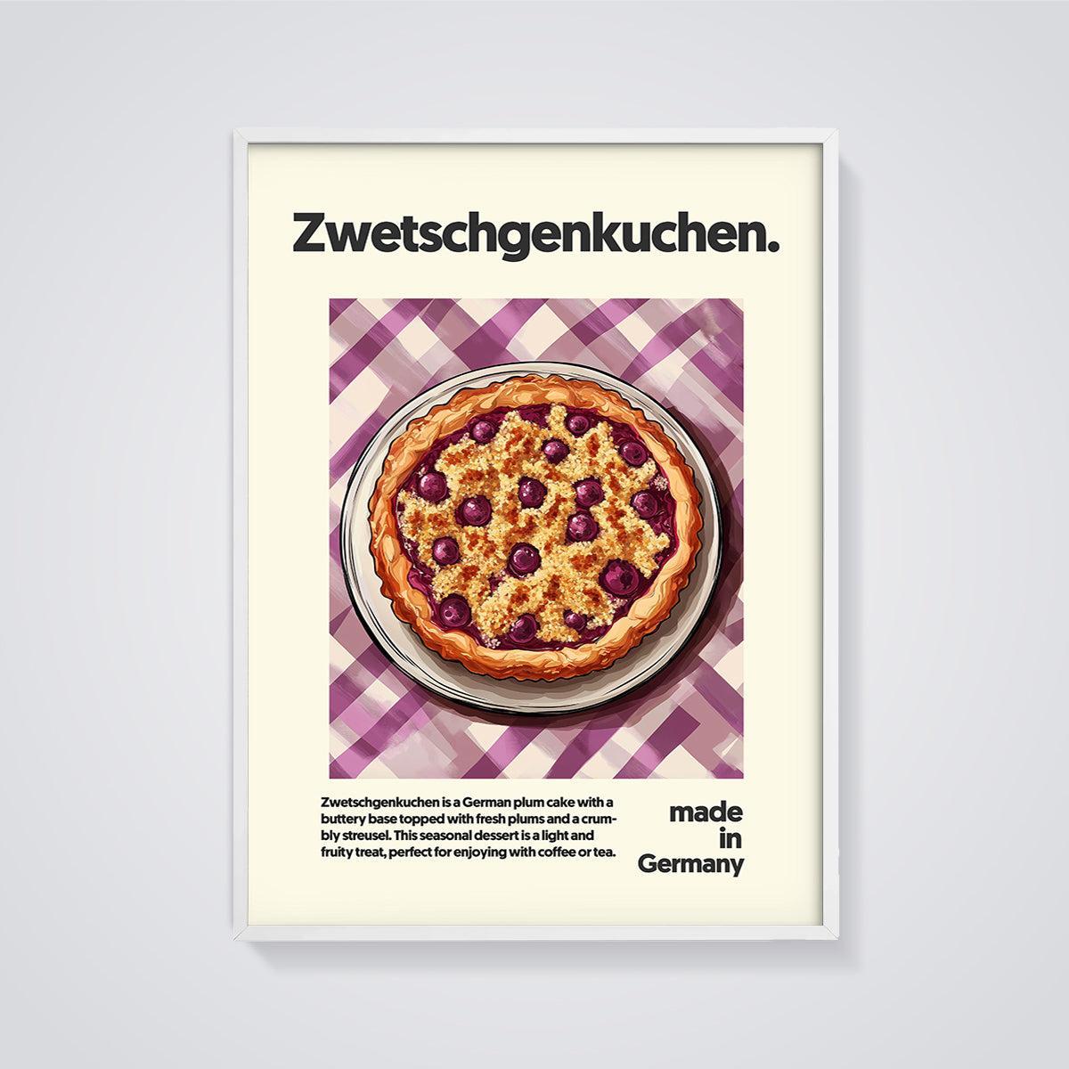 Zwetschgenkuchen Plum Cake Print framed in white on a grey background