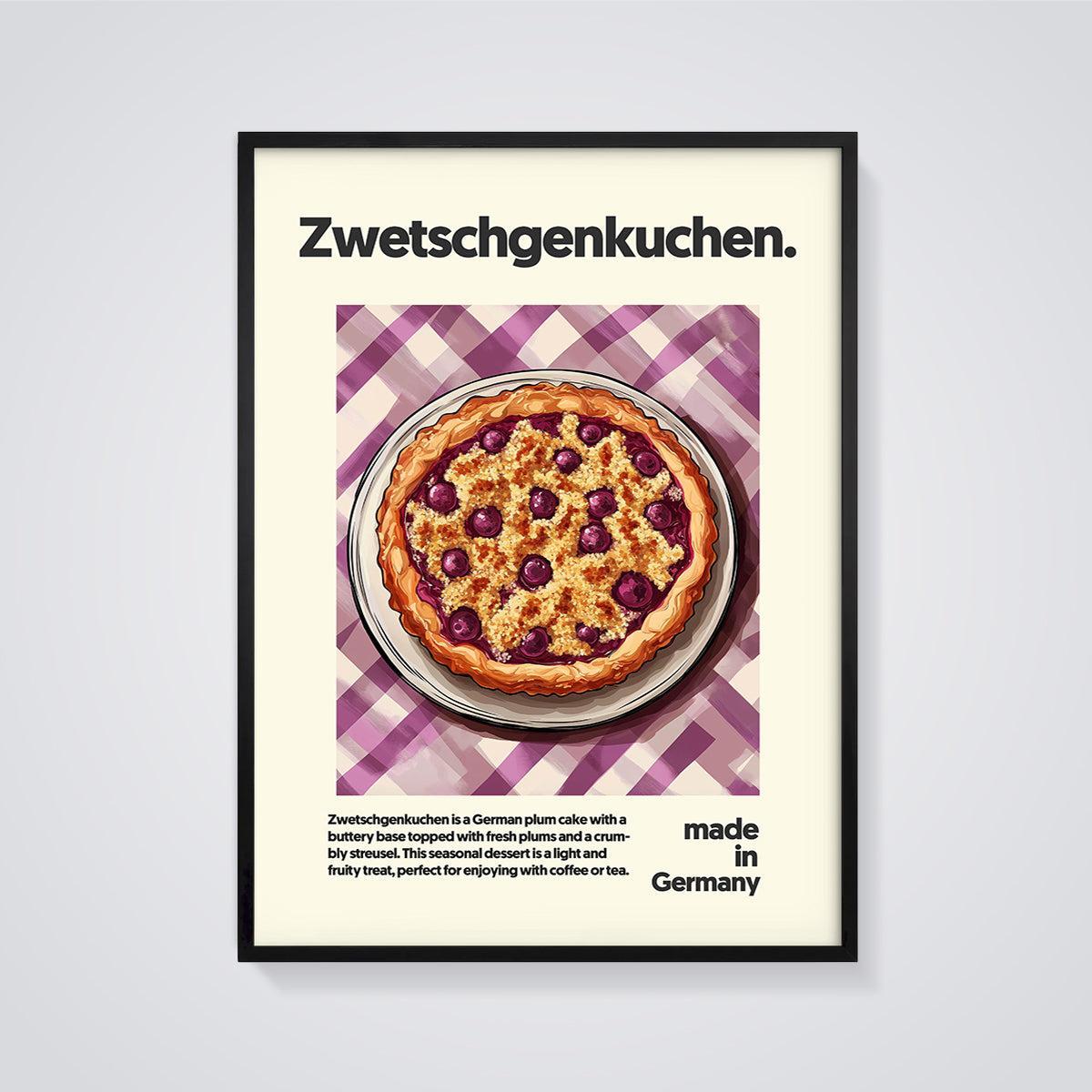 Zwetschgenkuchen Plum Cake Print framed in black on a grey background